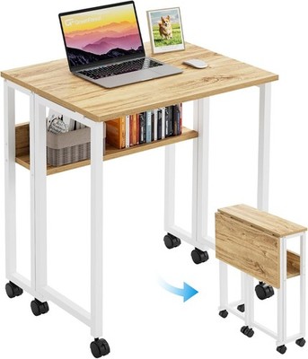 GreenForest Small Folding Space Saving Desk with Shelf, 63 63 x 50 CM, Beige 