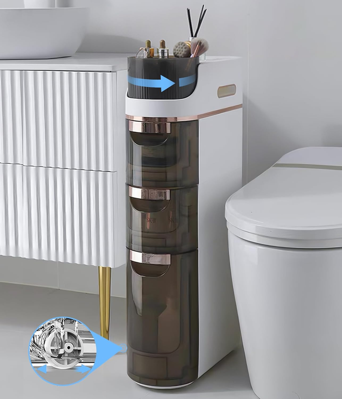3-Tiers Slim Bathroom Storage Cabinet, Waterproof Narrow Floor Cabinet with Tissue Box and Wheels, Skinny Storage Organizer with Drawers for Small Spaces, Bathroom, Kitchen, Bedroom, 6.7″