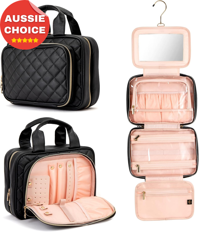 Hanging Makeup Bag Travel Organizer with Built-In Mirror Portable Cosmetic Case