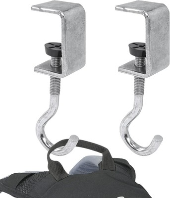 2 Pcs Desk Mount Bag Holder Hook Clamp-On Backpack Hanger 2 Hooks, Silver 