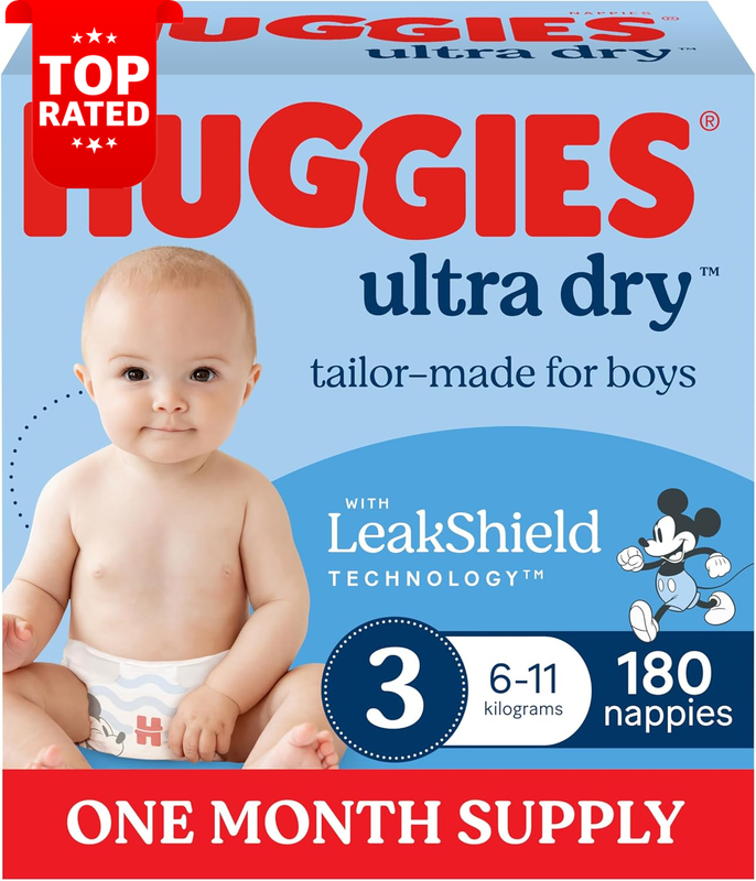 Ultra Dry Nappies Boys Size 3 180 Count 6-11kg One Month Supply New Packaging
