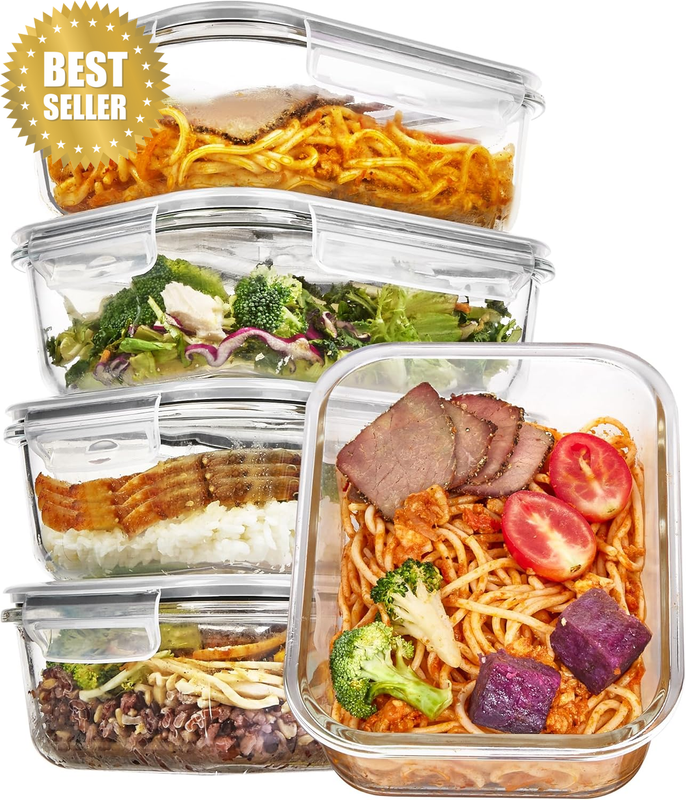 5 Pack 35Oz Glass Food Storage Containers with Lids, Meal Prep Containers, Airti