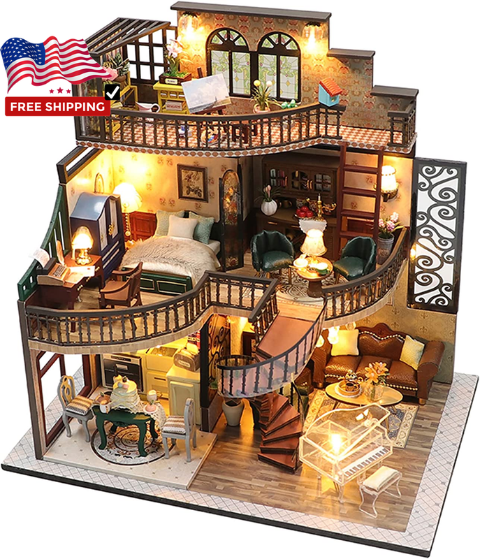 Dollhouse Miniature Kit, Doll House Kit Dust Proof Cover  Music Box,Mini Wooden