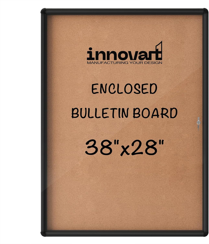 Enclosed Bulletin Board 38”X28”, Lockable Bulletin Board Cork Noticeboard with Black Aluminum Frame, Wall Display Case with Swing-Open Door, Information Cabinet for School, Office, Commercial