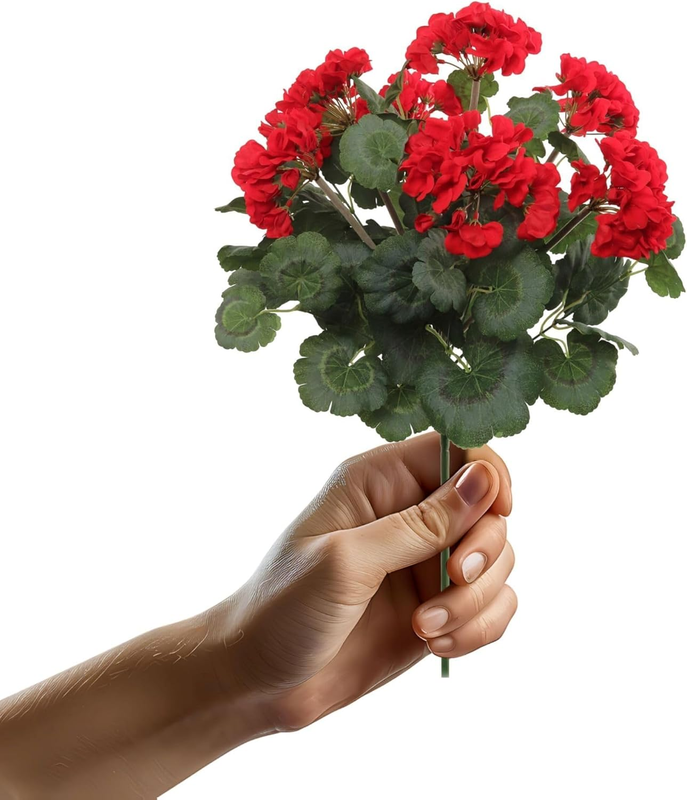 6-Pack 18-Inch Red Artificial Geranium Bush – UV Resistant Silk Flowers for Outdoor & Indoor Décor – Durable, Lifelike Faux Geraniums for Garden, Memorials & Planters