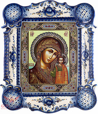 Russian Porcelain Gzhel gold Christian Icon Lady of Kazan Казанская Богоматерь