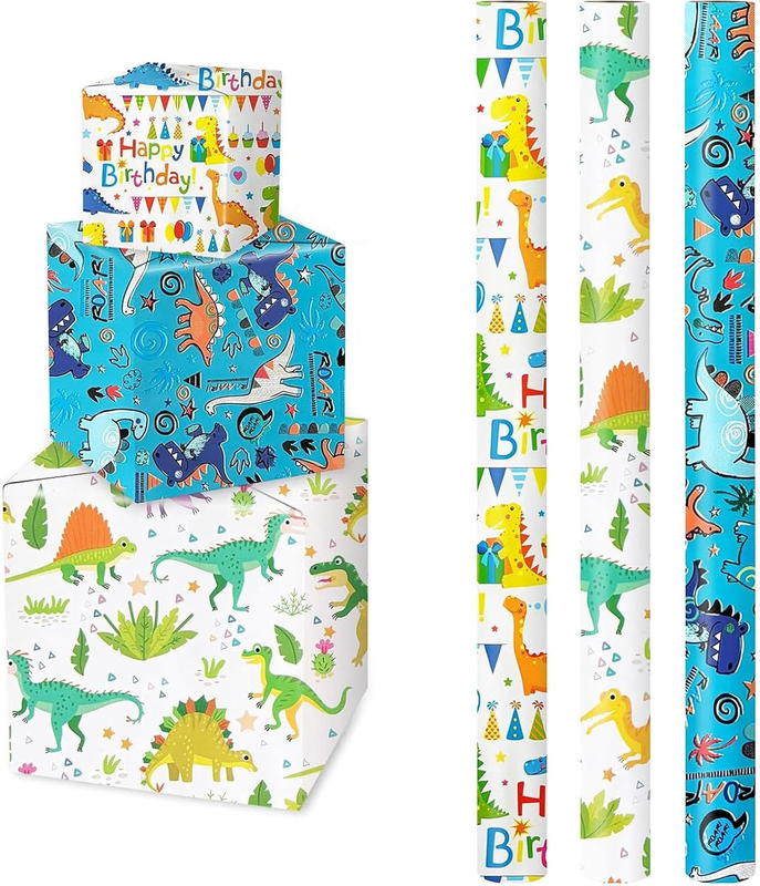 3 Rolls of Dinosaur Wrapping Paper, Birthday Gift Wrapping Paper, Cute Colored D