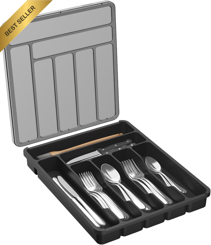 Silverware Organizer with Lid, Covered Utensil Tray for Kitchen Drawer and Count