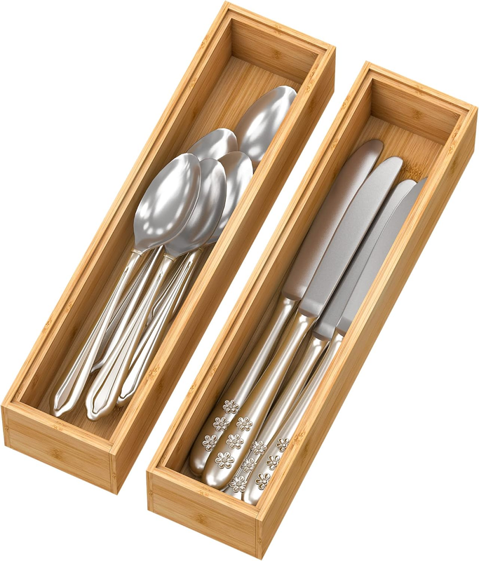 Bamboo Kitchen Drawer Organizer, Stackable Silverware Tray Utensil Organizer Cut