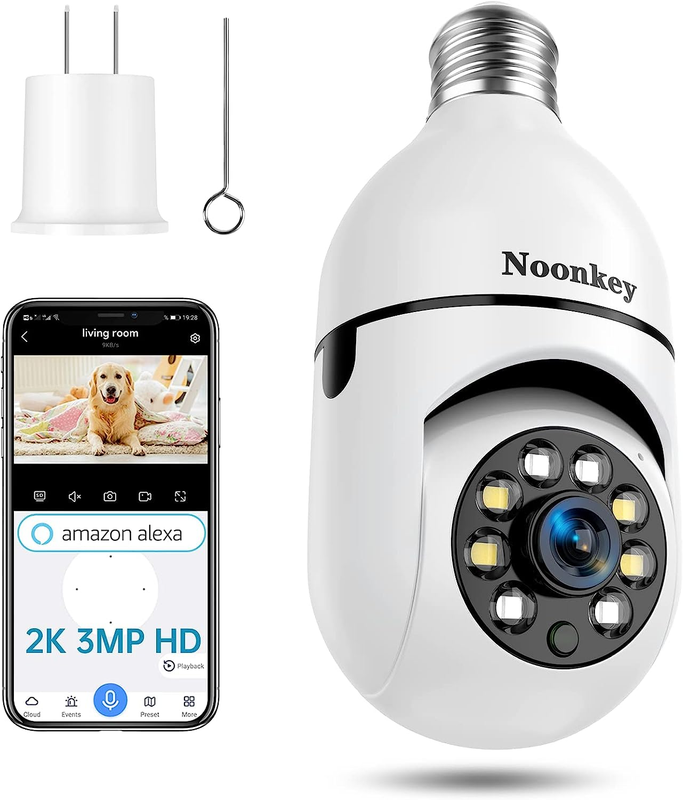 Noonkey 2K/3MP Light Bulb Security Camera, 360° Degree Panoramic,Alexa E27 Light
