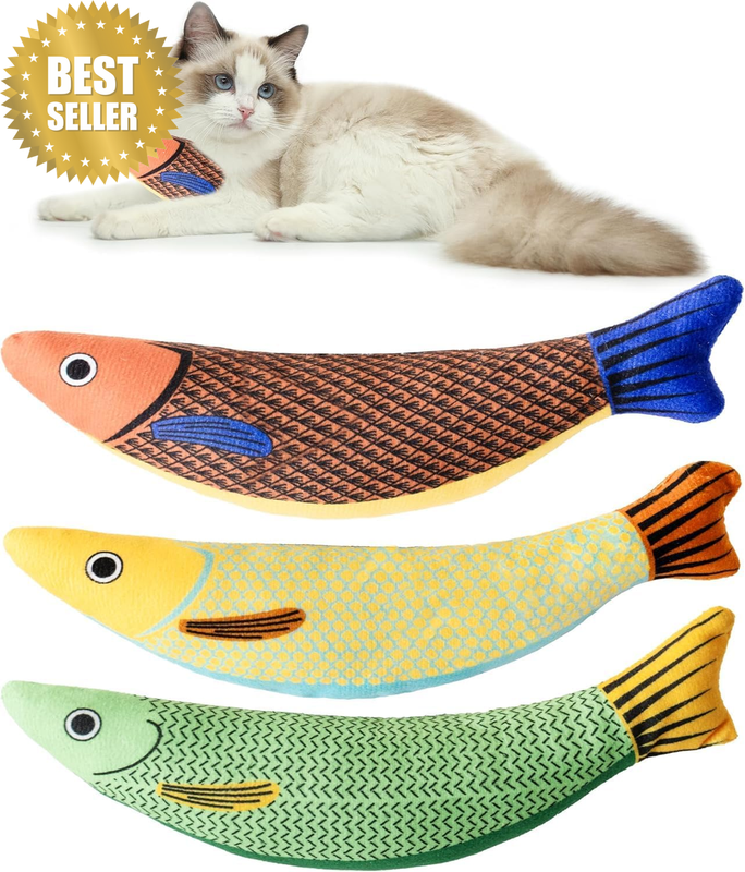 3 Pack Catnip Fish Cat Toys： Colorful Interactive Plush Fish Toys for Cats, Cat