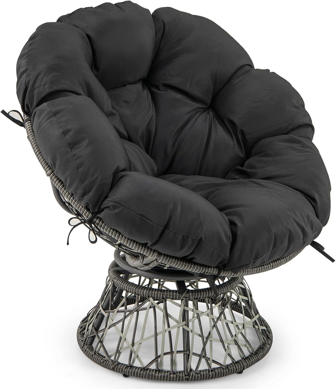 PE Wicker Papasan Chair with 360° Swivel Base, Comfy Papasan Lounge Chair W/Thick Padded Cushion, Sturdy Metal Frame & Adjustable Foot Pads, Reading Chair for Living Room, Bedroom