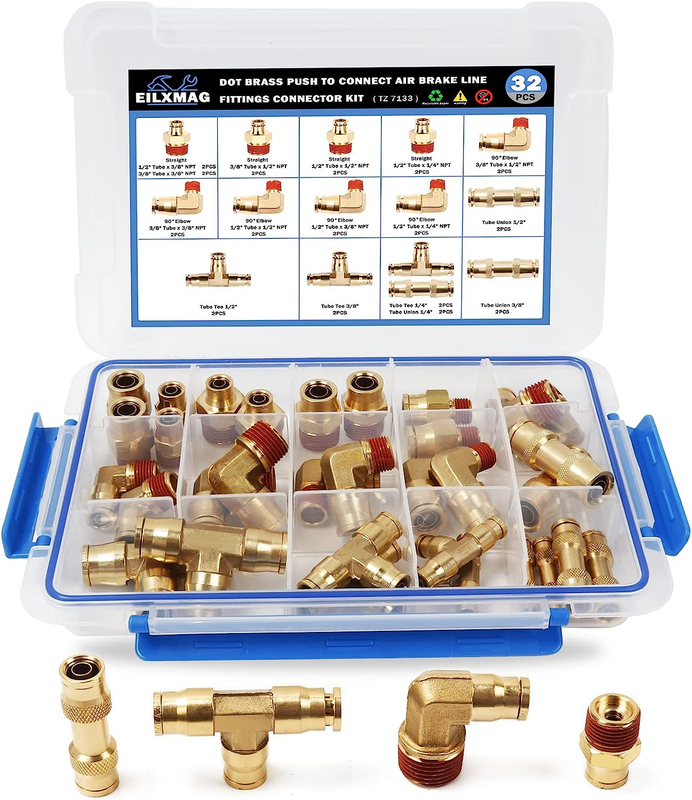 Brass DOT Air Brake Line Fittings Assortment, 32 Pcs Quick Connect Fittings Asso