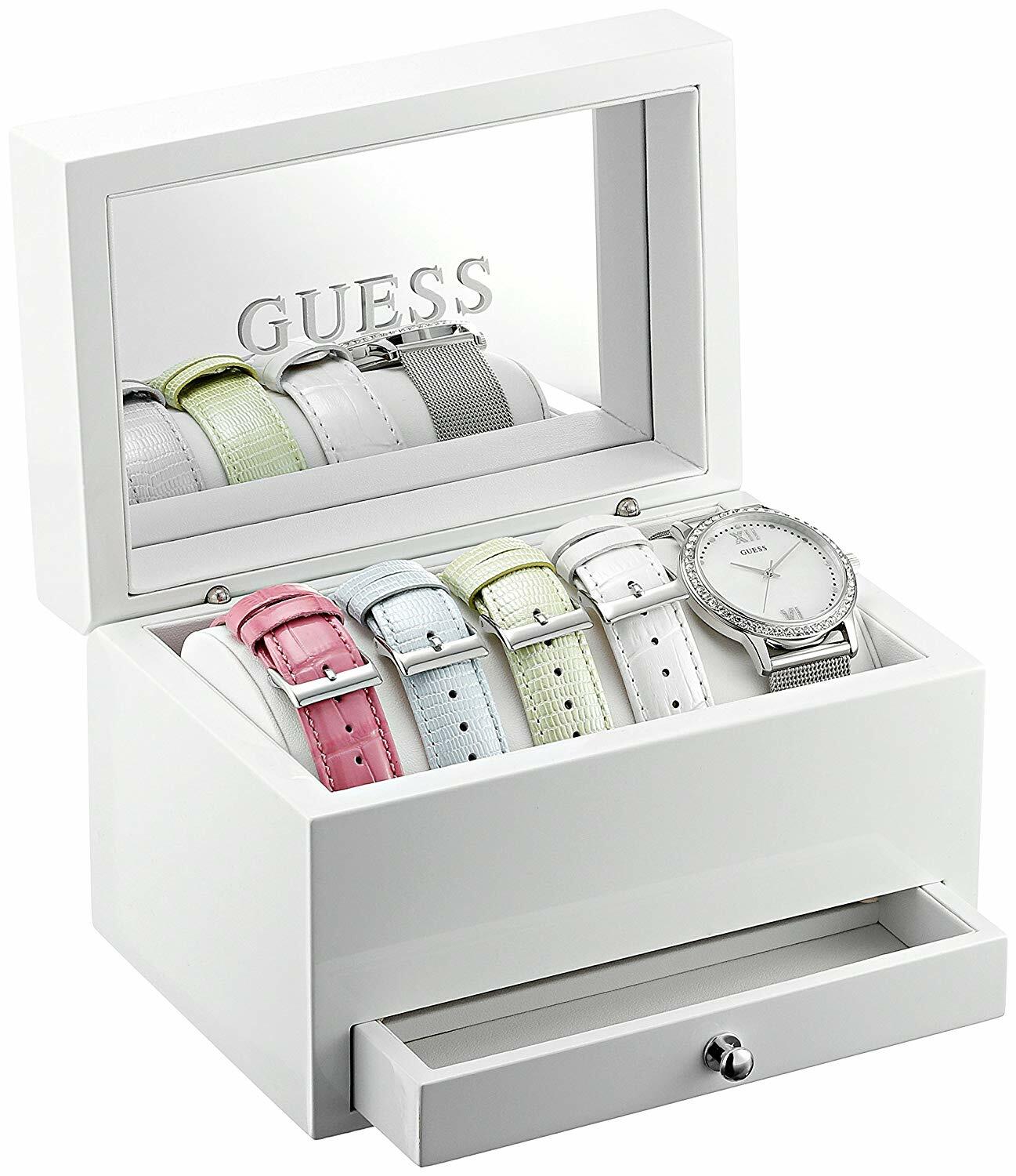 Pre-owned Guess Silver,crystals,5 Pc Set+bands,mesh Bracelet Watch+jewelry Box-u0785l1
