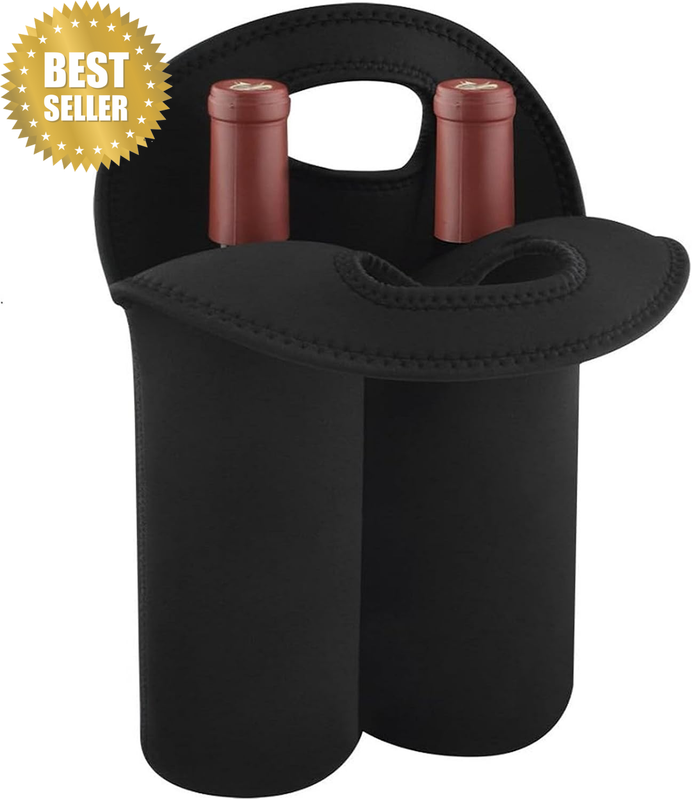 Neoprene Wine Bottle Bag - Insulated 2 Bottle Carrier Hand Held Tote for Travel