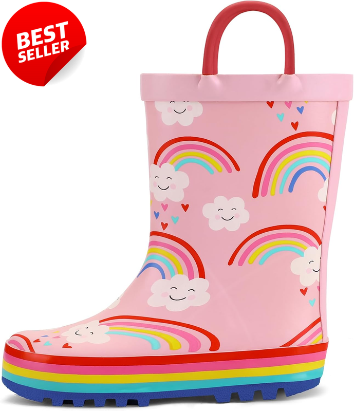 Kids Waterproof Rain Boots Printed Rubber Boots with Handles - US