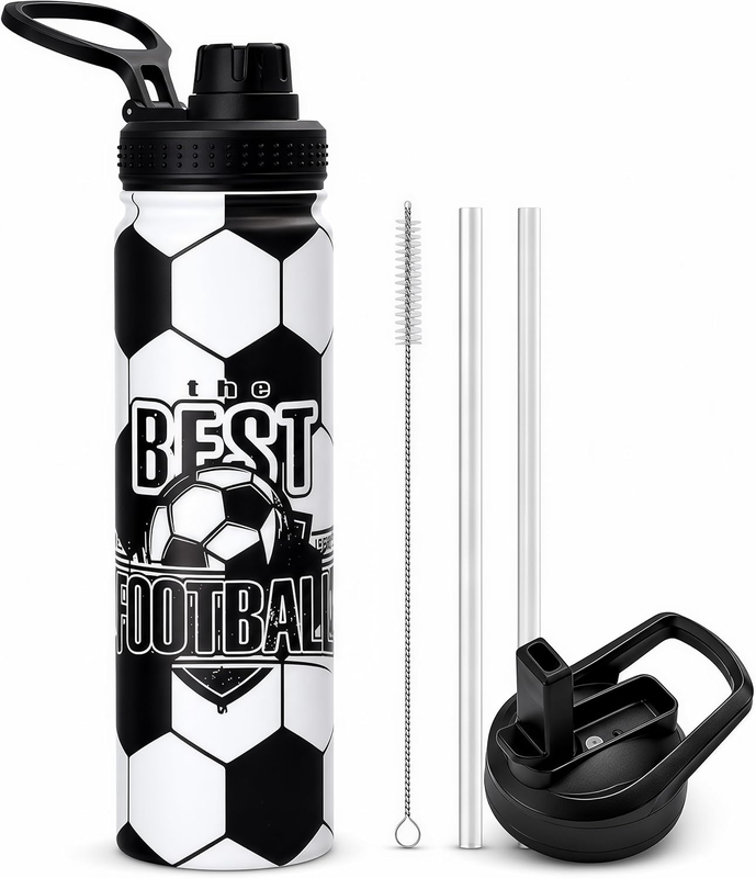 Soccer Water Bottle, 24 Oz Insulated Stainless Steel Sports Bottle with Straw, S