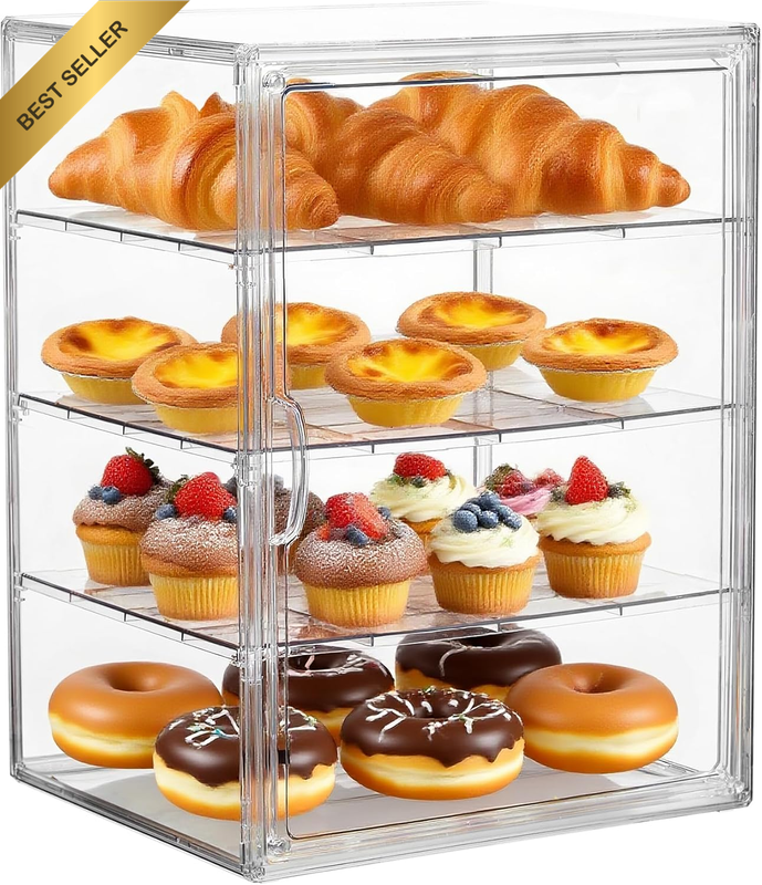 Pastry Display Case Bread Box for Kitchen Countertop, 4 Layers Adjustable Clear