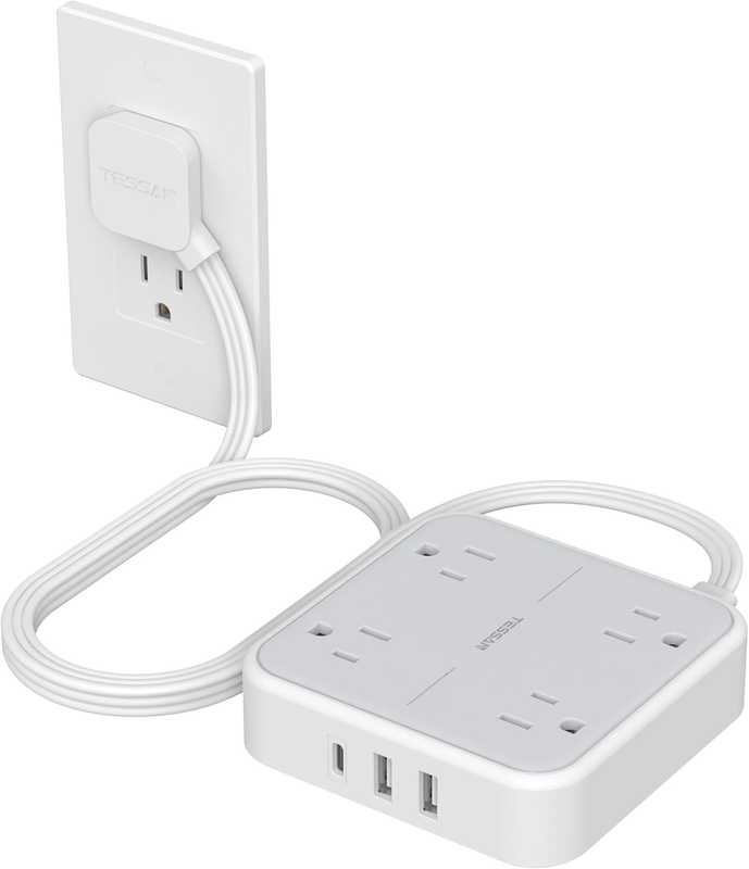 Flat Plug Extension Cord Indoor 5 Feet, Power Bars with Surge Protector, Power