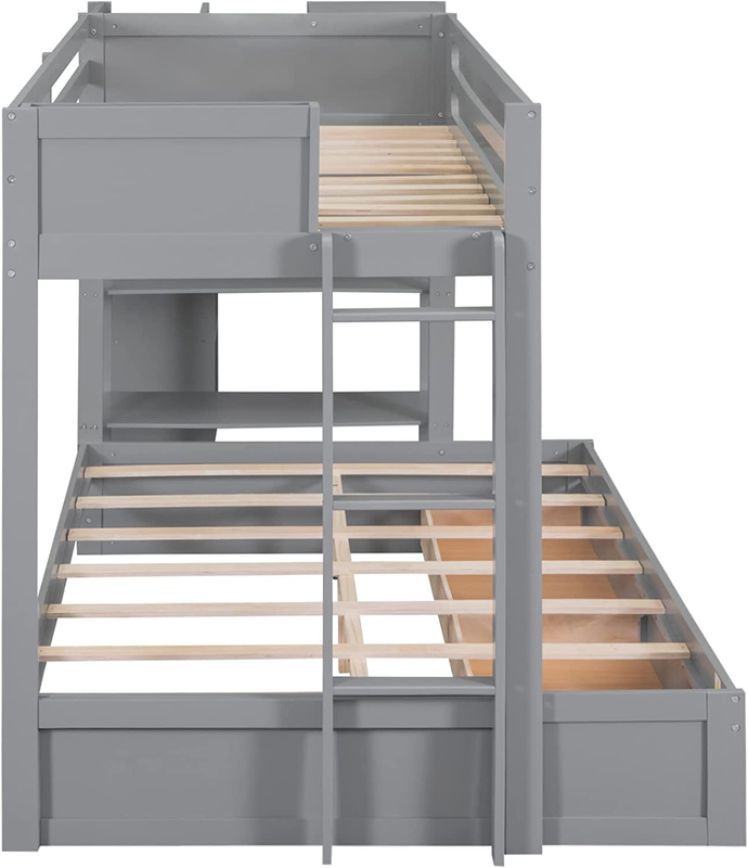 Twin over Full Bunk Bed with Desk and Storage Drawers, Wood Bunk Bed Frame with
