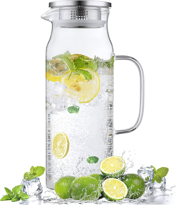 1.6 Liter 54 Oz Glass Pitcher with Lid and Handle, Glass Caraf...
