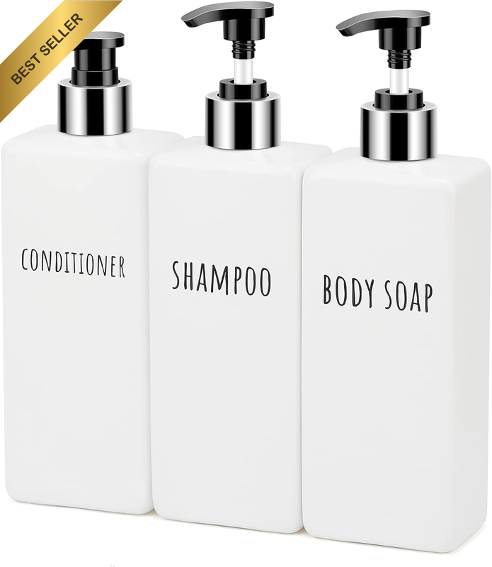 Refillable Pump Dispenser, 3Pcs 500Ml Square Shampoo Bottles with Labels, Empty