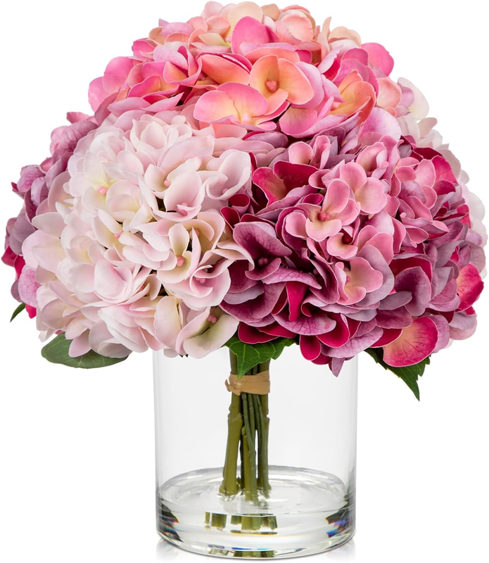 Real Touch Pink Hydrangea Artificial Flowers in Vase Latex Large Faux Hydrangea Flowers Arrangements Hydrangeas Fake Flower with Glass Vase with Faux Water for Table Centerpiece Home Decor