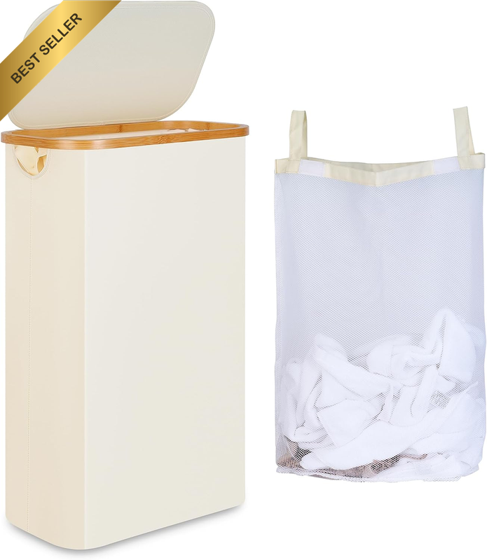 60L Slim Laundry Basket with Lid Narrow Hamper with Removable Bag Bamboo Handles