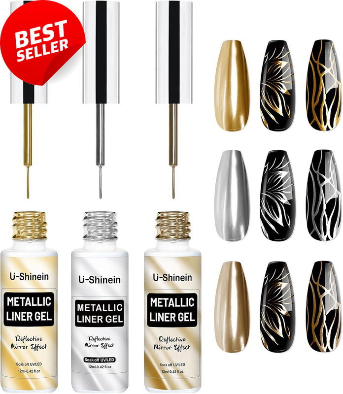 Metallic Mirror Liner Gel Polish Set, 3x12ml UV/LED Nail Art with Thin Brush