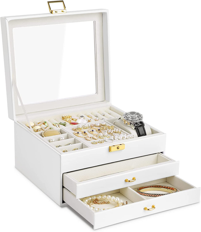 Es For Women With Glass Lid Top 3-layer Jewelry Organizer Box 2 Drawe