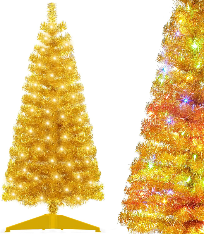 Pre-Lit Artificial Christmas Tree, Warm White Lights, Colorful Lights, Includes Stand, 4 Feet (Gold)
