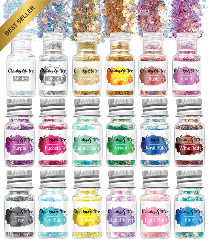 Holographic Chunky & Fine Glitter Mix Set, 18 Colors Flakes Powder Festival Cosm