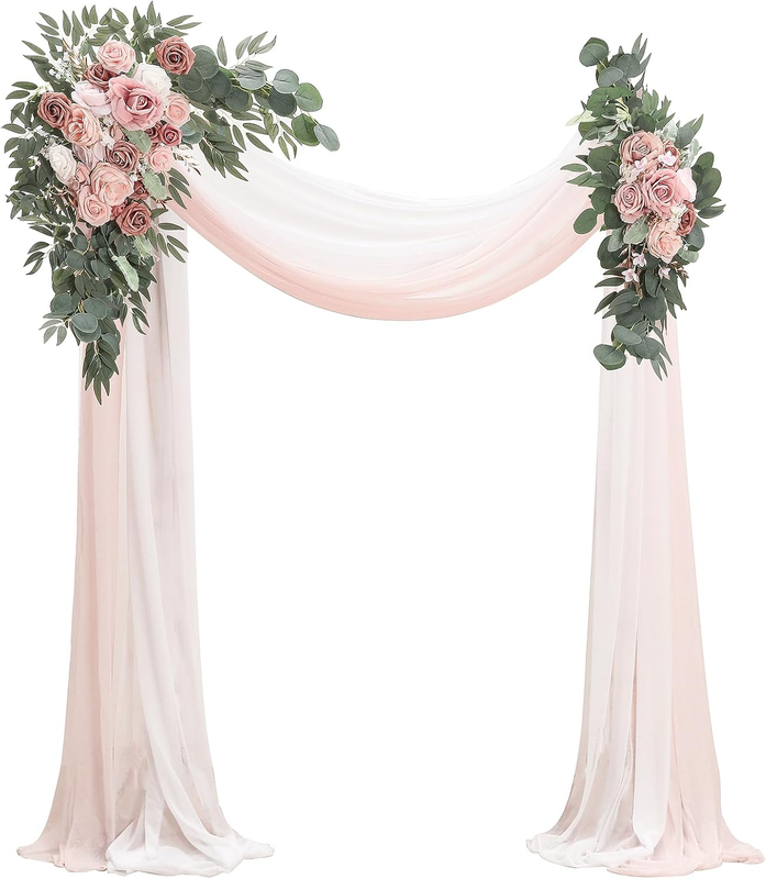 Arch Flowers with Drapes Kit (Pack of 4) - 2Pcs Artificial Dusty Rose & Blush Floral Swag Arrangement with 2Pcs Draping Fabric for Wedding Ceremony Arbor and Reception Backdrop Decoration