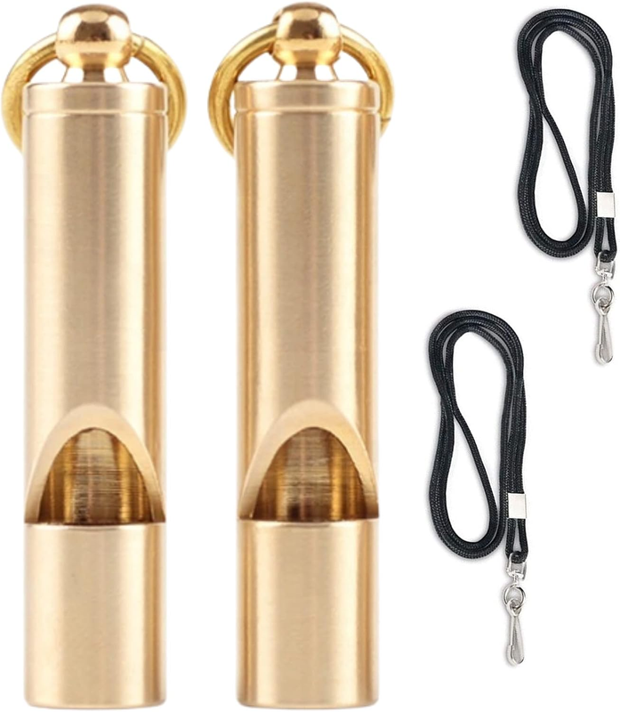 Brass Whistle Set of 2 Loud 125dB Emergency Survival Safety Whistles Lanyard