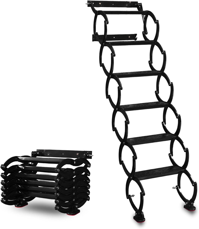 6 Steps Wall Mounted Folding Ladder, Indoor and Outdoor Step Ladder, Retractable Folding Stairs, Portable Camping Staircase, Pull-Down System Attic Ladders, for RV, Storehouse (Black, 6 Steps)