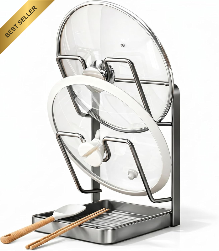 Kitchen Pot Lid Organiser Rack, Double-Layer Cutting Board Holder with Drip Tray