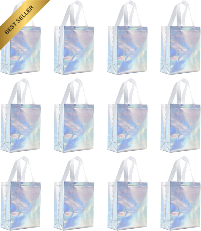 Iridescent Gift Bags Set of 12, Reusable Party Favor & Goodie Bags with Handles