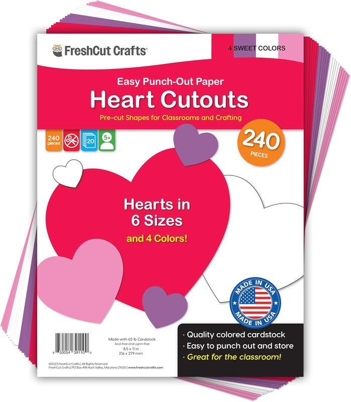240 Pieces Heart Paper Cutouts, 2-Sided US Made Card Stock Pun...