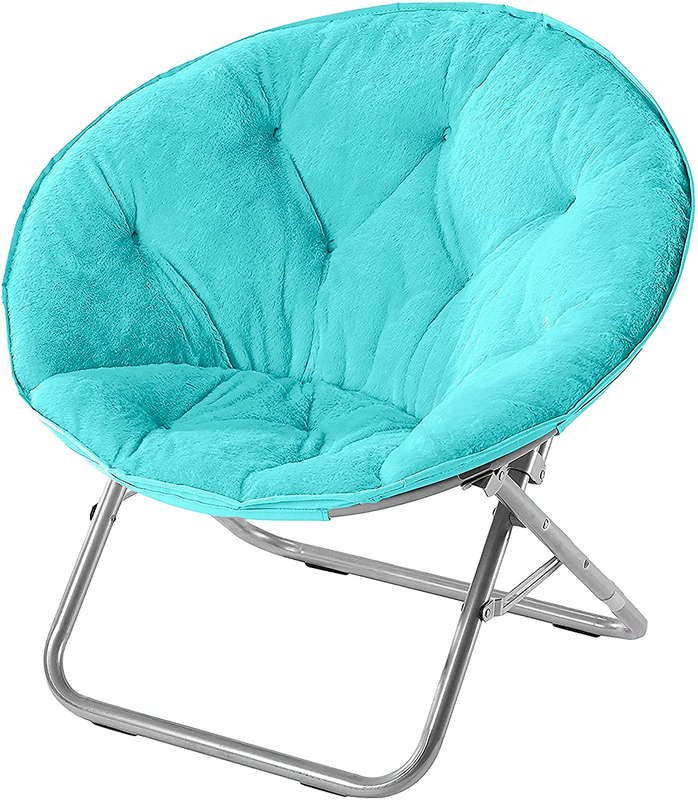 Super Soft Faux Fur Saucer Chair with Folding Metal Frame, Aqua
