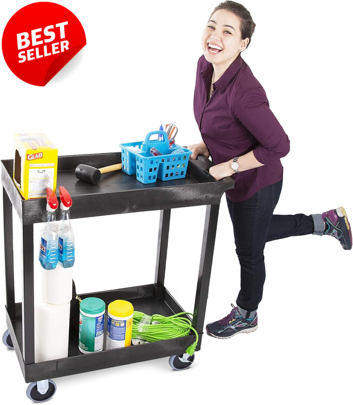 2 Shelf Utility Cart Heavy Duty 250lb Capacity Plastic Rolling Cart 32x18x51 - U