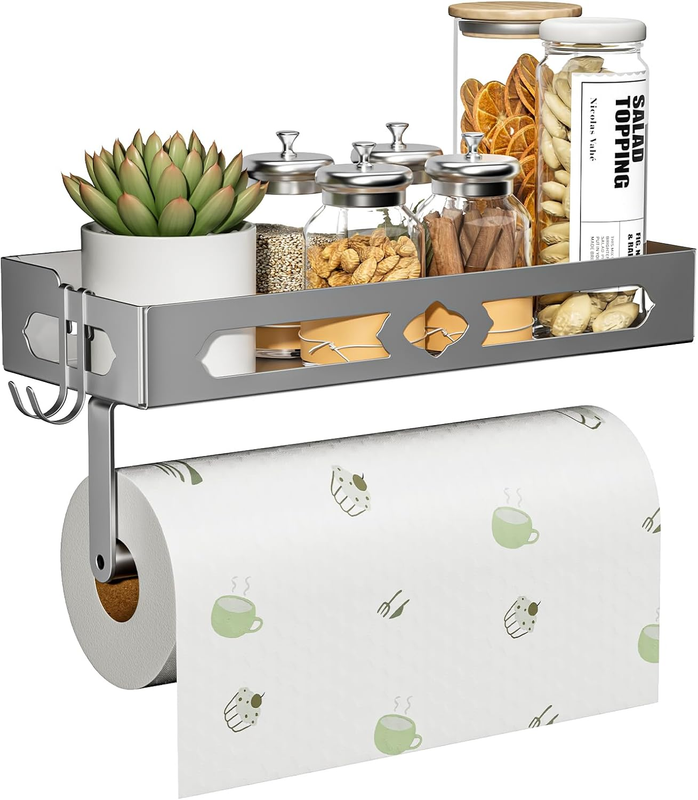 Paper Towel Holder with Shelf Wall Mount Adhesive Kitchen Bathroom Rack Storage