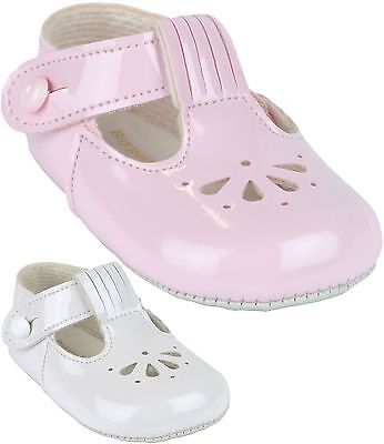 BabyPrem Baby Girls Pram Shoes Classic Fan T-Bar White Pink Baypods 0 -18 months