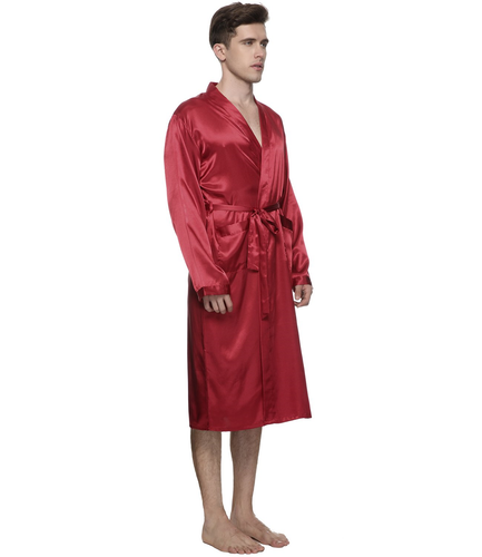 FAYBOX Men Satin Robe Long Bathrobe Lightweight Sleepwear RED XL