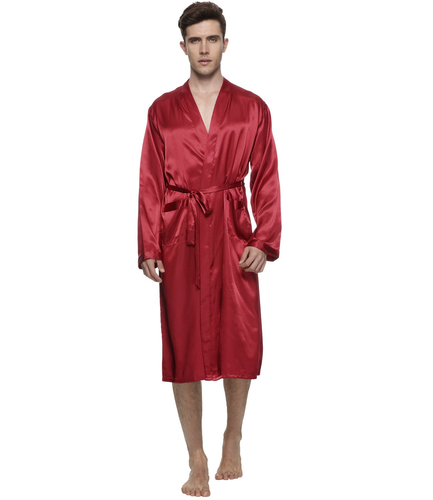 FAYBOX Men Satin Robe Long Bathrobe Lightweight Sleepwear RED XL