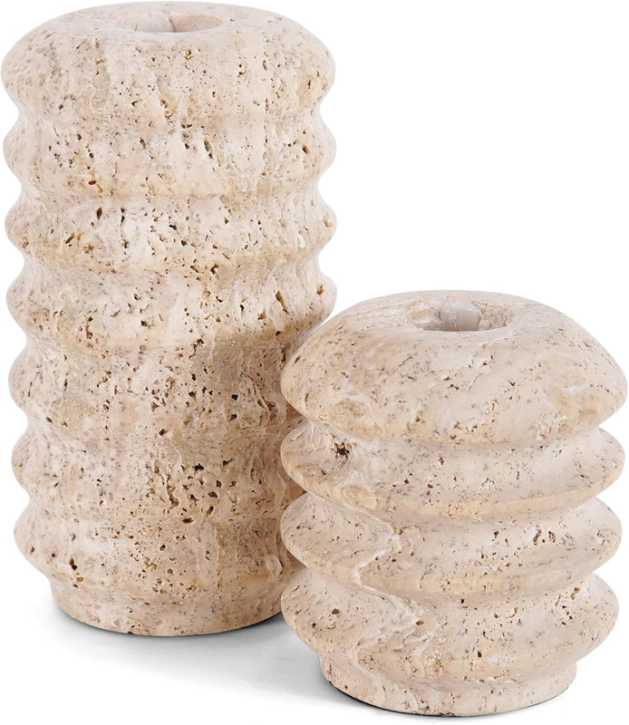Travertine Candle Holders 5 Inch Stone Taper Candlestick Set for Room Decor, Ent