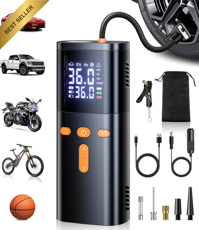 Portable Car Tire Inflator Air Compressor [7X Faster & Smart Detection] Auto Sto