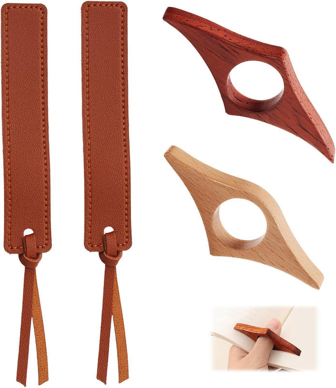 2 Pcs Thumb Book Page Holder and 2 Leather Bookmarks, Reading Accessories for Bo