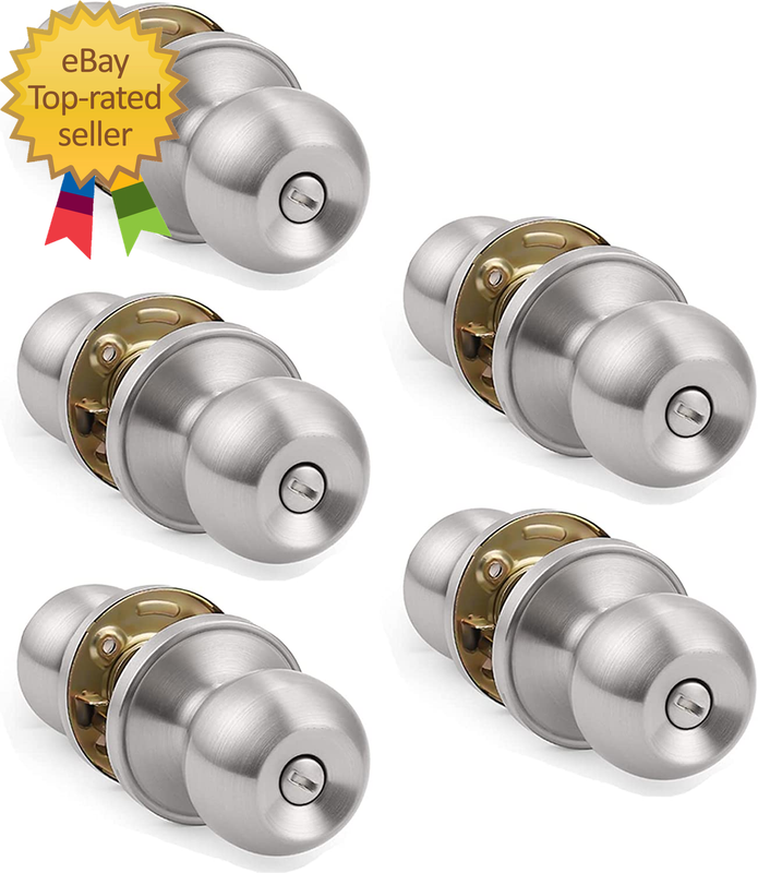 5 Pack round Ball Bathroom Bedroom Door Knobs with Lock, Privacy Locksets Handles in Satin Nickel, Keyless Interior Door Locks Hardware Stainless Steel