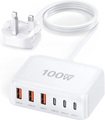 100W 6 Port Multi USB C Fast Charging Station, 3 PD Power Adapter 3 USB-A QC Wal