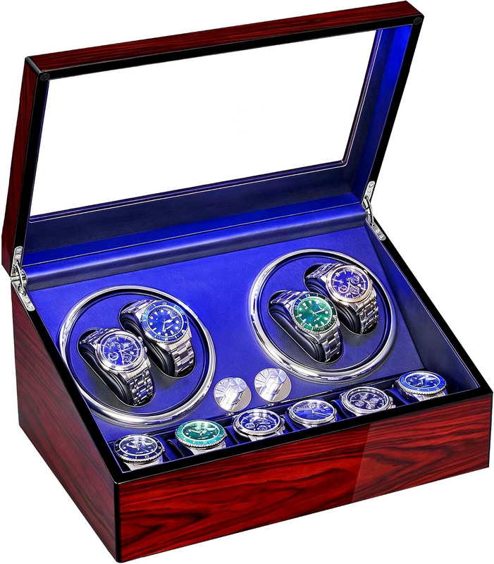 Piano Finish Wood Watch Winder 4 Automatic Watches 6 Storage LED Quiet Type-C